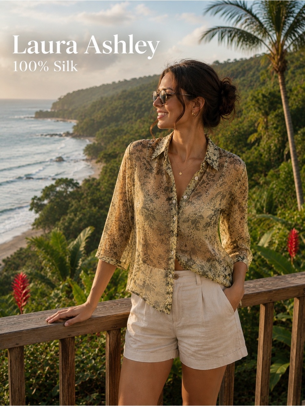 NWT Laura Ashley 100% Silk Floral Beaded Button Front Blouse Size Large